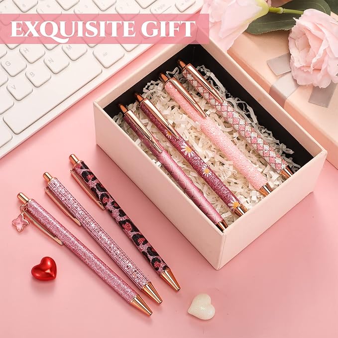 Sherr 7 Pcs Fancy Pens for Women Cute Sparkly Glitter Pens with 10 Pcs Black Ink Refills Pretty Gifts for Girls Office School Christmas Graduation(Pink,Cute)