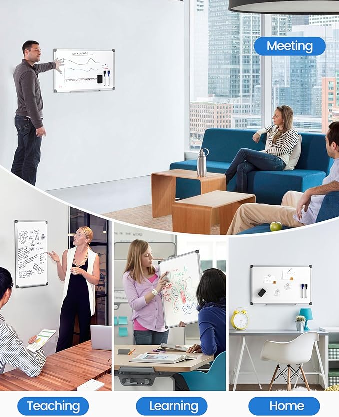 VUSIGN 12PCS Magnetic White Board Kit for Wall 18" x 12", 12 Dry Eraser & 24 Multicolor Markers & 48 Magnetic Pins, Sliver Reinforced Aluminum Frame for Home, School, Office