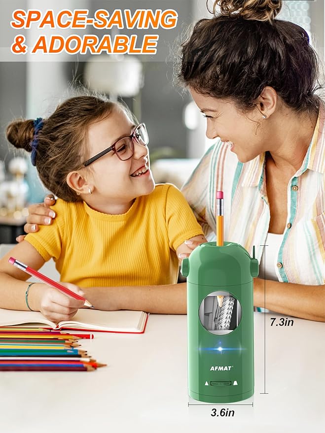 AFMAT Electric Pencil Sharpener for Colored Pencils 7-11.5mm, Fully Automatic Pencil Sharpener, Auto in & Out, Rechargeable Hands-Free Pencil Sharpener for Large Pencils, Sketch Pencils, Green