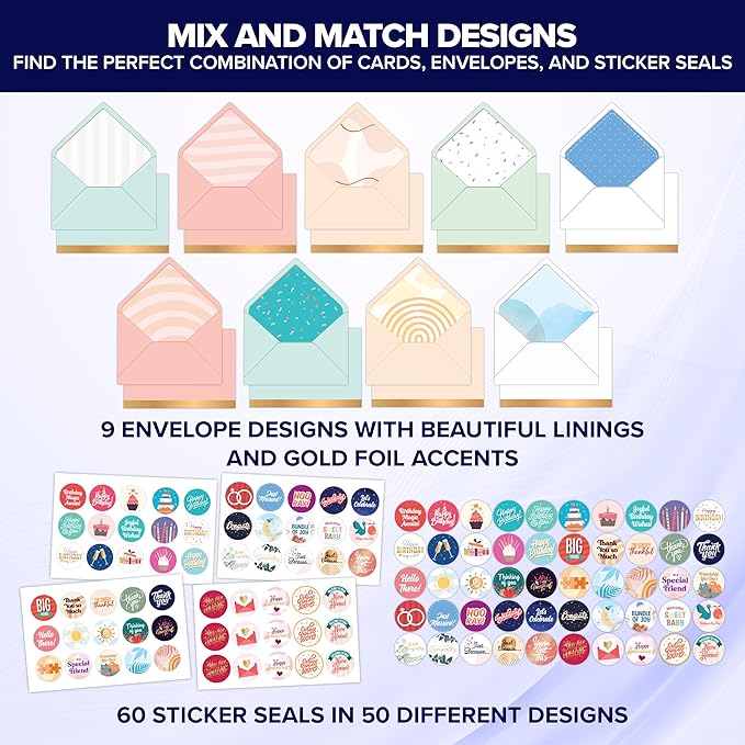 Decorably 50 Pack Gold Foiled & Glittery 5x7in All Occasion Cards Assortment Box with Envelopes & Stickers, 50 Unique Designs Cards for All Occasions with Printed Message Inside - Birthday, Thank You