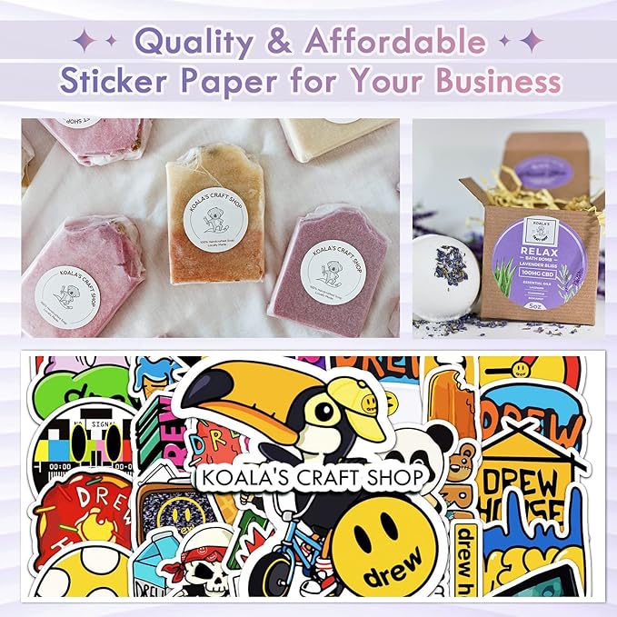 Koala Printable Vinyl Sticker Paper for Inkjet Printers - 100 Sheets Glossy White Water-Resistant Adhesive Label Paper - 8.5x11 Inch, Tear-Resistant, Removable