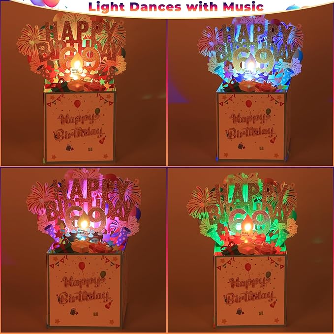 Tnvee 69TH Birthday Cards with Lights & Music & Candle, 3D Large Pop Up Happy Birthday Cards for Women Man Greeting Cards Decorations for 69 Years Old Mom Dad Grandparents