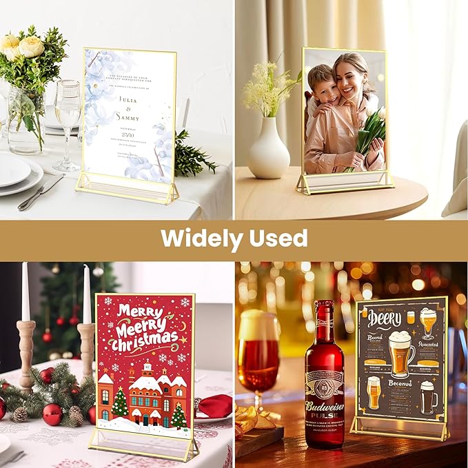 Gold Frames 5X7 Acrylic Sign Holder Double-Sided Tabletop Picture Frames for Menu Holder Wedding Table Number Holder Christmas Photo Frames with Removable Sticky Dots-12 Pack