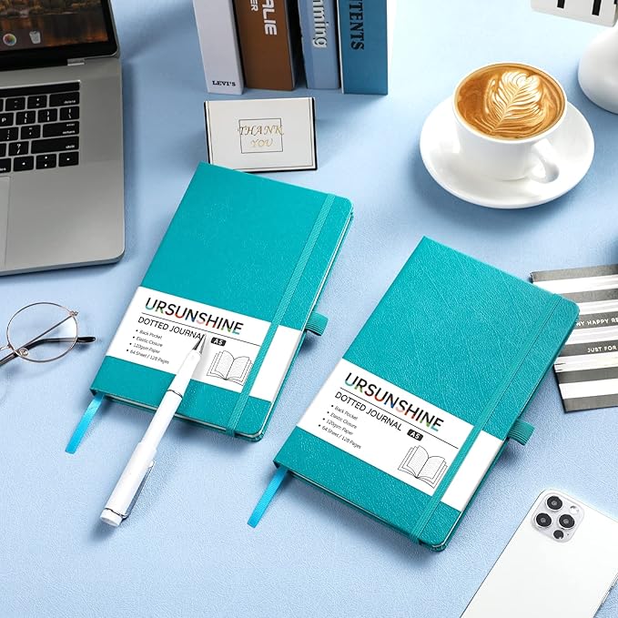 Dotted Journal/Notebook - Dot Grid Hard Cover Notebook, Premium Thick Paper with Fine Inner Pocket, Black Smooth Faux Leather, Pen Loop, 5.3'' x 8.26'' - Cyan