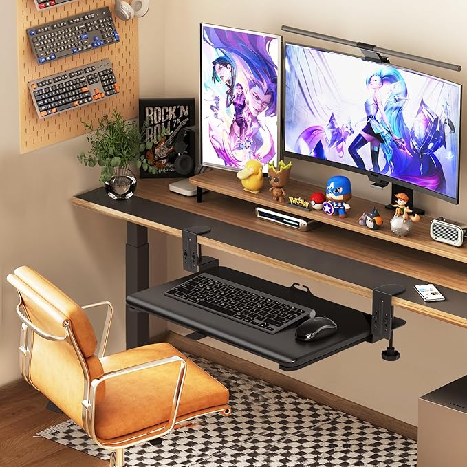 YOMT Adjustable Keyboard Tray Under Desk - 25.5“x13.7” Slide Out Computer Keyboard Drawer, 5kg Capacity with Smooth Glide Handle Out Computer Drawer for Typing, Black