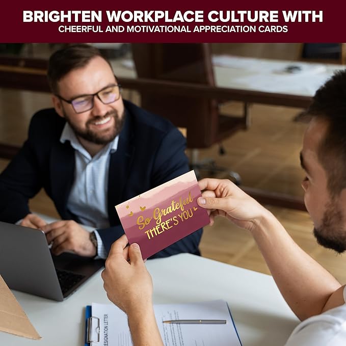 Decorably 50 Pack Gold Foiled 6x4in Employee Appreciation Cards with Envelopes and Stickers, 10 Designs Thank You Cards, Blank Inside