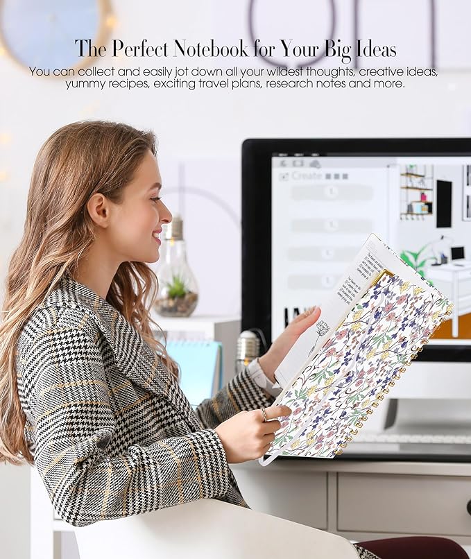 Cute Spiral Notebook Journal for Women, 160 Pages Lined Notebooks 5.75” x 8.38”, A5 Hardcover Spiral Journals with 100 GSM Thick Paper, College Ruled Notebook for Writing Work School, Purple Floral