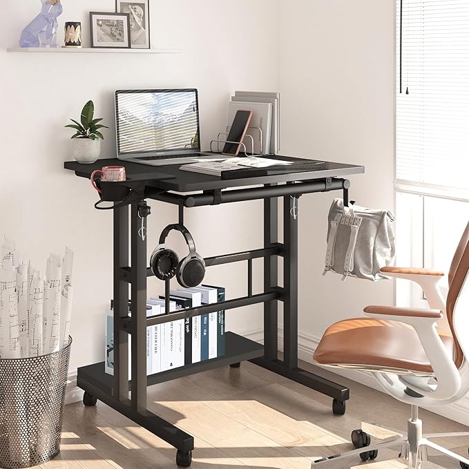 Klvied Mobile Standing Desk with Storage Bottom Shelf, Portable Stand Up Desk with Cup Holder, Adjustable Height Small Standing Desk, Rolling Desk with Wheels, Home Office Laptop Cart, Black