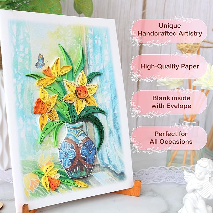 KingKraft Daffodils Flower Quilling Card, Handcrafted Greeting Card for All Occasions, Birthday Card for Mom, Thinking of You, Get Well, Anniversary, Valentines Day, Mothers Day Card, Blank Inside