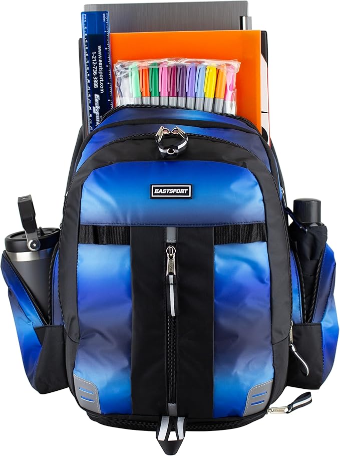 Eastsport Extra Large Backpack Expandable Oversized For Travel Hiking Work Camping Sports Outdoors With Drawstring Bag 18x13.5x9.5 Mochila De Viaje Blue Ombre Black