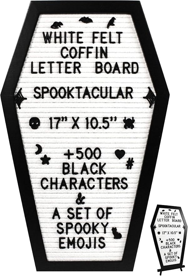 Coffin Letter Board White With Spooky Emojis +500 Characters, and Wooden Stand - 17x10.5 Inches - Gothic Halloween Decor Spooky Gifts Decorations