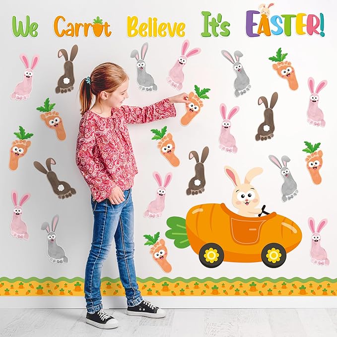 B1ykin 88Pcs Easter Footprint Carrot Bunny Bulletin Board Decoration, We Carrot Believe It’s Easter Cutout with Border Trim, Carrot Car Rabbit Footprints Supply for Kindergarten Preschool Chalkboard