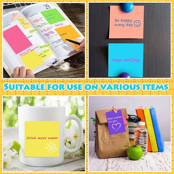 Yexiya 64 Pcs Lined Sticky Notes Self Stick Notes with Lines Bright Assorted Colors Sticky Notes for Home Office Products Post Memos, 1920 Sheets(4 x 6 Inch, 3 x 3 Inch,Stylish Color)