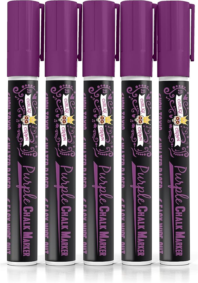 CHALKY CROWN Liquid Chalk Marker Pen - Dry Erase Marker - Chalk Markers for Chalkboard Signs, Windows, Blackboard, Glass - 6mm Reversible Tip (Purple, 5 Pack)