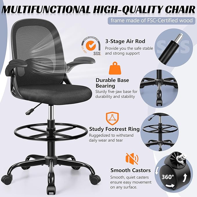 Drafting Chair, Tall Office Chair Ergonomic Standing Desk Chair,with Adjustable Footrest Ring, 3D Lumbar Support, Flip-up Armrests, Swivel Desk Stool for Drawing Working (Black)