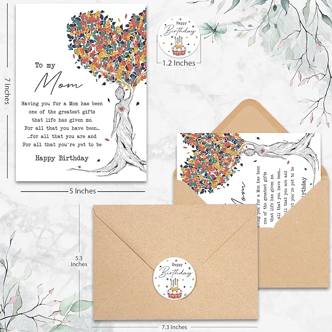 Heartfelt Birthday Card for Mom, Sentimental Birthday Gifts for Mother from Daughter or Son, Ideal Bday Gift for Women Her, Perfect for Mother's Day Anniversary Card, with Envelope & Sticker