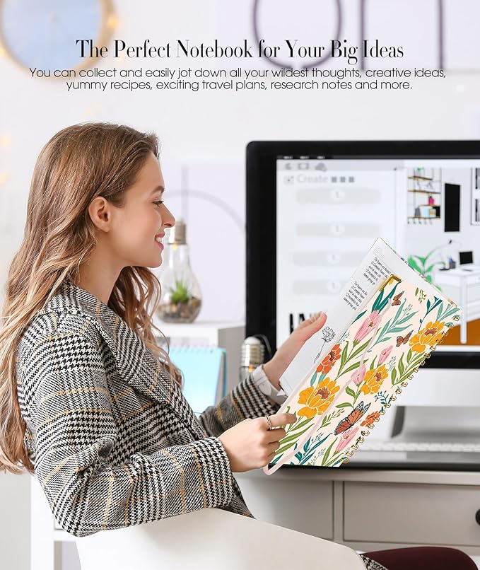 Cute Spiral Notebook Journal for Women, 200 Pages Lined Notebooks 8.5” x 11”, A4 Large Hardcover Spiral Journals with 100 GSM Thick Paper, College Ruled Notebook for Writing Work School, Orange Floral