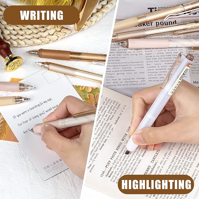 Four Candies 12Pack Pastel Gel Ink Pen Set, 11 Pack Black Ink Pens with 1Pack Highlighter for Writing, Retractable 0.5mm Fine Point Note Taking Pens for School Office (Brown)