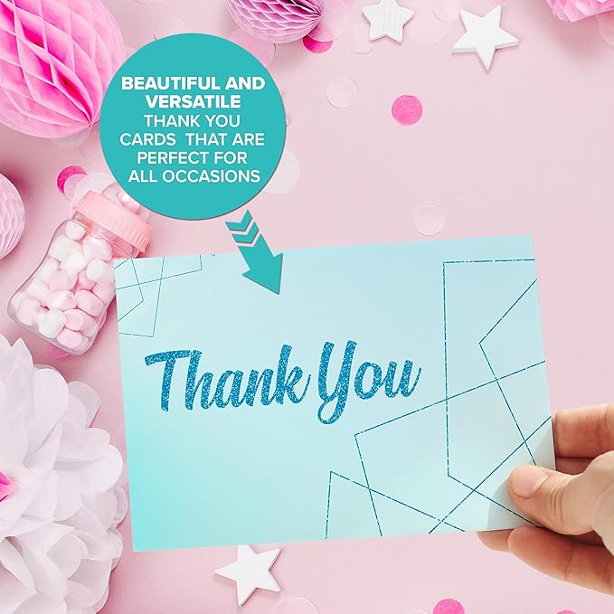 Decorably 24 Pack Glittery 6x4in Light Blue Thank You Cards with Envelopes and Stickers, 24 Elegant Designs, Blank Inside - Wedding, Baby Shower