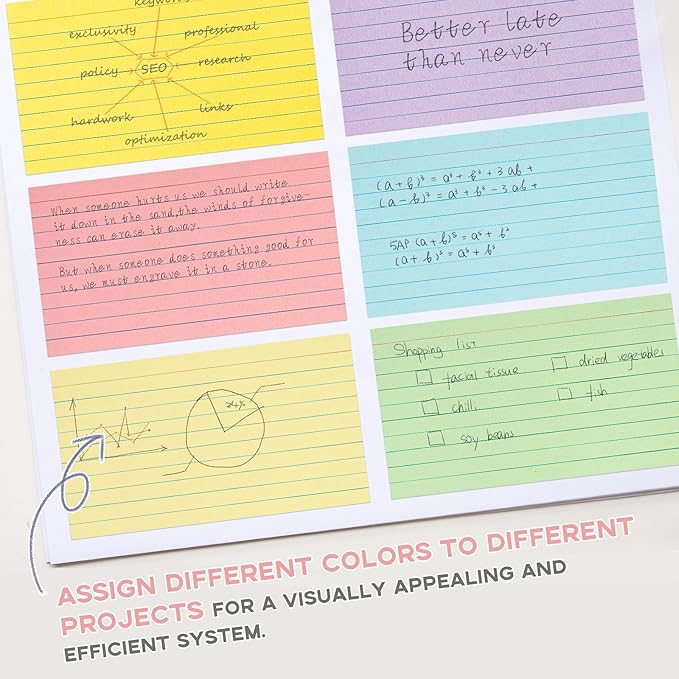 300Pcs Colored Index Cards 5x8, Goefun Lined Flashcards, 6 Color Notecards for Studying, Recipes, Memo Cards, Office Supply, To Do List, Presentation