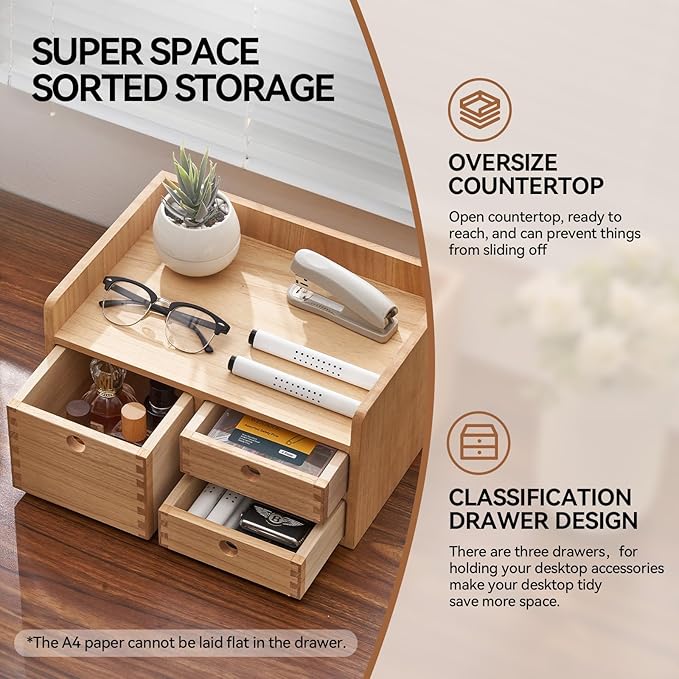 KIRIGEN Desk Organizer with 3 Drawers - Wood Drawer Storage Box with Trays for Tabletop - Workspace Office Toiletries Supplies Tool Caddy - Wooden Storage Cabinet Natural(DT1D3C-NA)