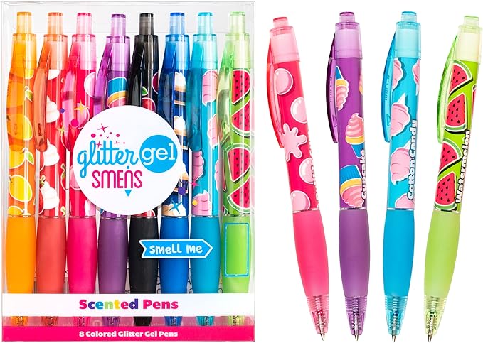 Glitter Gel Smens - Patented Gourmet Scented Colored Glitter Gel Ink Pens, Medium Point, 8 Count - Fun, Cute, Cool, Smelly Pens for Kids