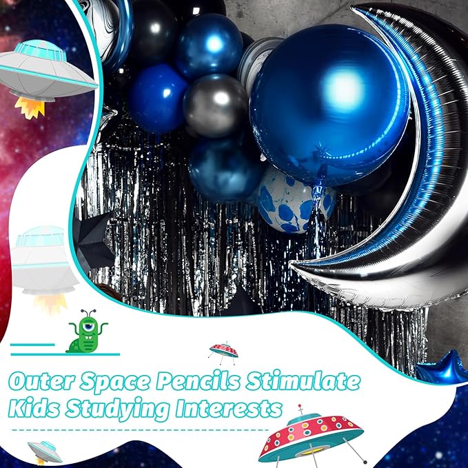 Geyee 36 Pcs Space Pencils Hawaiian Shark Themed Party Favors Assorted Novelty Fun Wood Writing Pencils with Erasers for Birthday Party Teacher Supplies(Space)