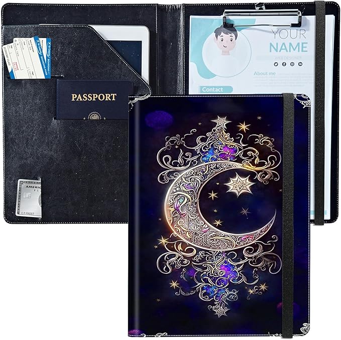 PU Leather Padfolio Clipboard Notepad with Pen Loop and Elastic Strap Interview/Resume Document Organizer for Business School Office,Moon Star Galaxy Floral