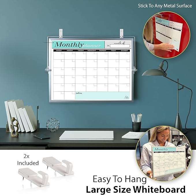 Dry Erase White Board for Desktop & Wall 12"x16" with 2 Magnetic Removable Planners - Weekly & Monthly to Do List Board with Stand, 6 Markers Eraser & Wall Hangers - Portable Double Sided Magnetic