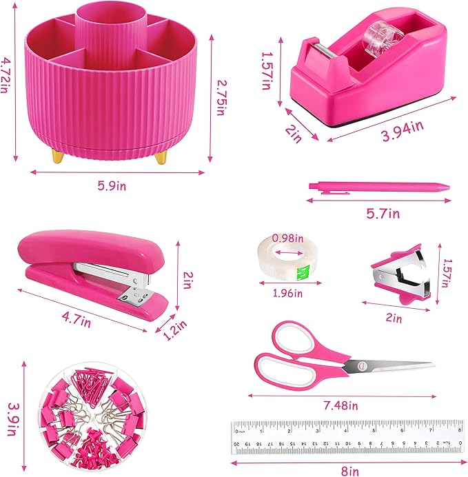Hot Pink Desk Accessories, Hot Pink Office Supplies 360°Pen Holder Desk Organizers and Accessories with Tape Dispenser, Stapler, Staple Remover, 1000 Staples, Tape, Clips Set, Ruler, Scissor, Pen