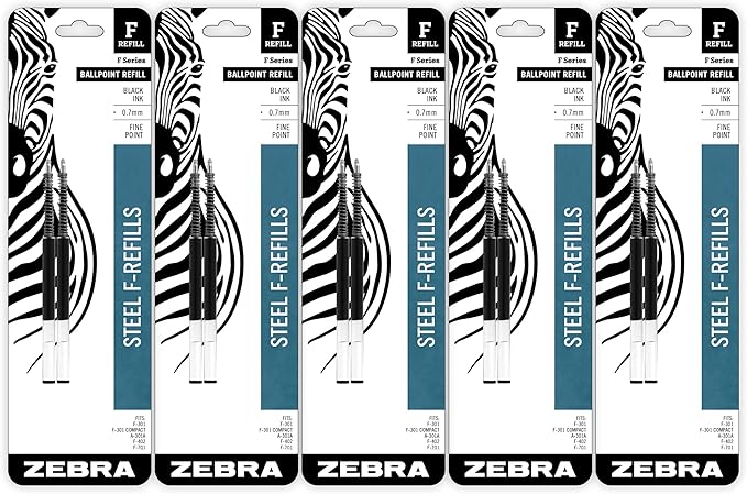 Zebra Pen F-Series Ballpoint Stainless Steel Pen Refill, Fine Point, 0.7mm, Black Ink, 10-Pack, (50073) - (Case of 12, 120 Count Total)