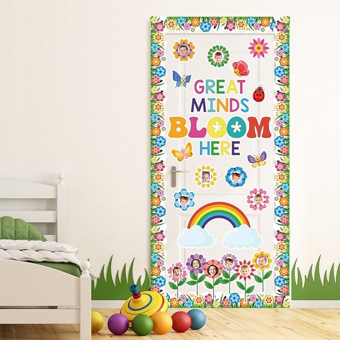 Kosiz Spring Flower Bulletin Board Decorations Set Great Minds Bloom Here Classroom Decorations Colorful Butterfly Rainbow Cloud Paper Cutouts with Floral Borders for School Chalkboard Wall Door Home