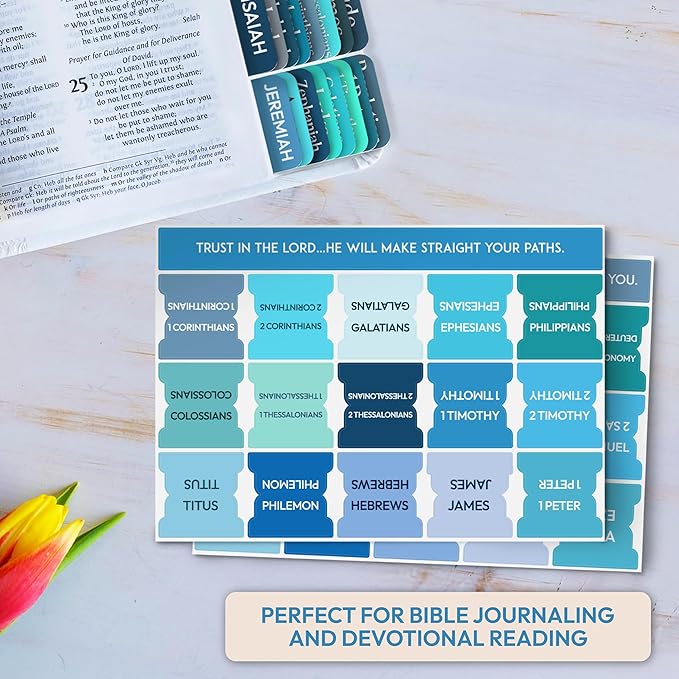 Bible Tabs for Women, Men, Kids, 90 Large Print Bible Index Tabs for Study Bible, Laminated Easy-to-Read Label, Christian Gift for Church, Blue