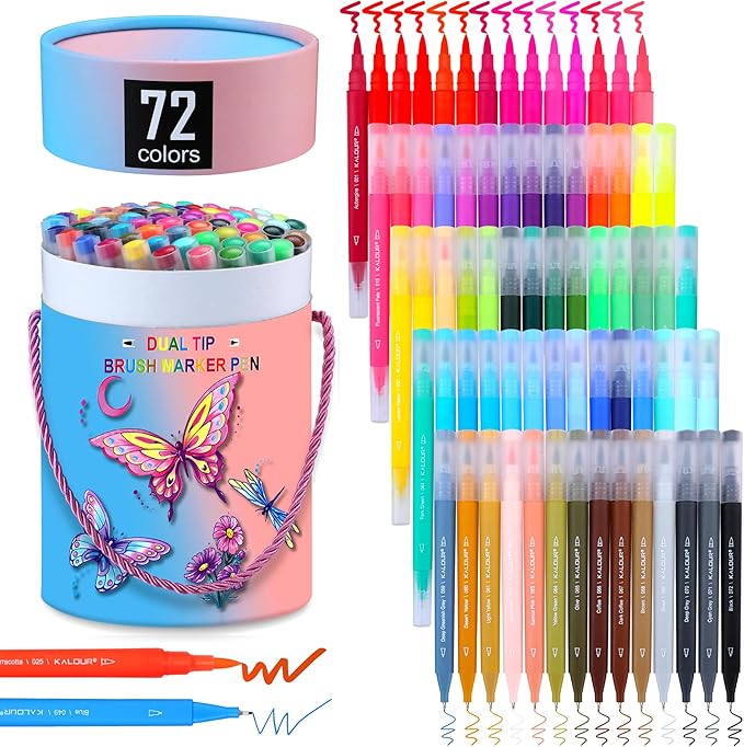Kalour 72 Colors Art Markers Pens,Dual Tip (Brush and Fine Point),Color Number and Color Name,Art Marker for Coloring Lettering Calligraphy Drawing Journaling,Coloring Art Gift for Adult Beginner Kids