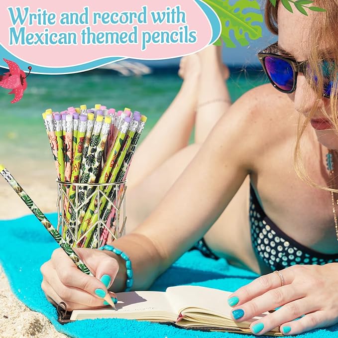 Geyee 36 Pcs Space Pencils Hawaiian Shark Themed Party Favors Assorted Novelty Fun Wood Writing Pencils with Erasers for Birthday Party Teacher Supplies(Hawaiian)