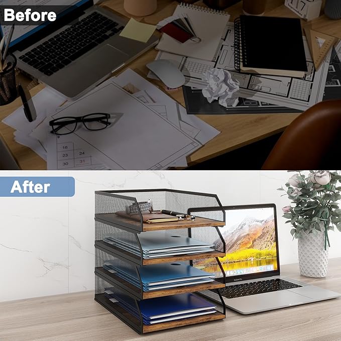 Natwind 4-Tier Stackable Paper Tray, Metal Mesh Desktop Organizer, Wood Board Paper Sorter, Letter Trays,File Document Storage Rack for for Home, Office, School (Retro)