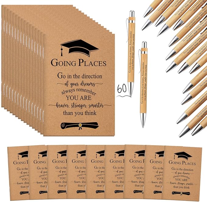 Kosiz 120 Pcs Graduation Gifts Motivational Mini Journal Inspirational Bamboo Pen Kraft Notebooks Bulk Wooden Retractable Ballpoint Pen for Class of 2025 College Gifts (Wooden)