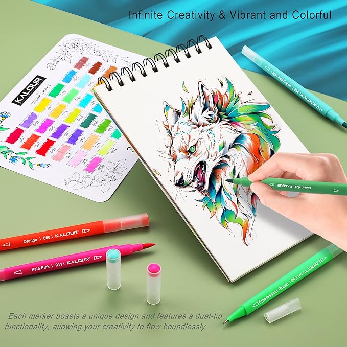 Kalour 36 Colors Art Markers Pens,Dual Tip (Brush and Fine Point),Color Number and Color Name,Art Marker for Coloring Lettering Calligraphy Drawing Journaling,Coloring Art Gift for Adult Beginner Kids