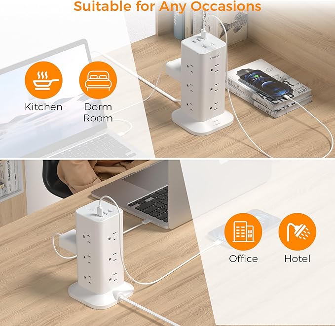 Power Strip Tower with Surge Protection, TESSAN Flat Plug Extension Cord 6 Feet with 12 Multiple Outlets 3 USB Ports (1 USB C), 900J Surge Protector Tower for Home,Supplies for Dorm Room Essentials