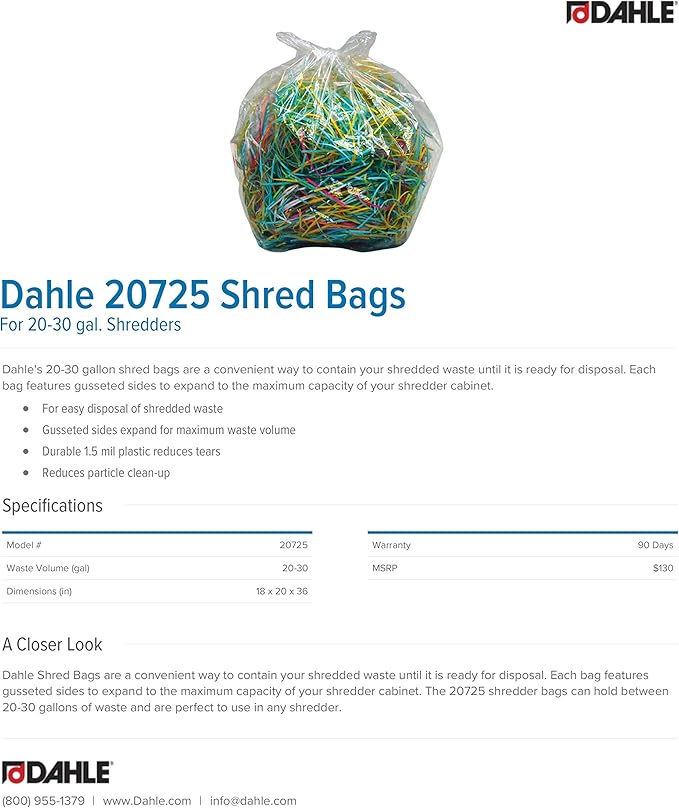 Dahle 20725 Shred Bags w/Gusseted Sides for Maximum Capacity, for Dahle 20-30 gal. Shredders (Pack of 100)
