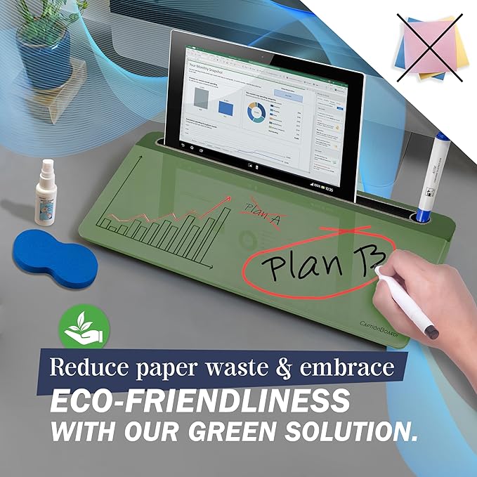 15-Inch Desktop Whiteboard - Glass Dry Erase Board for Desk Whiteboard with Stand with 3 Markers, Spray Bottle, 3 Cable Holders & Storage Box Work from Home Office Gadgets, Green