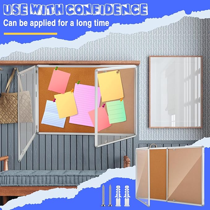 2 Pack Enclosed Bulletin Board 48" x 36" Weather Resistant Lockable Enclosed Cork Case Display Noticeboard Wall Mounted 2 Locking Door Aluminum Frame for School Classroom Office, 12xa4, Brown