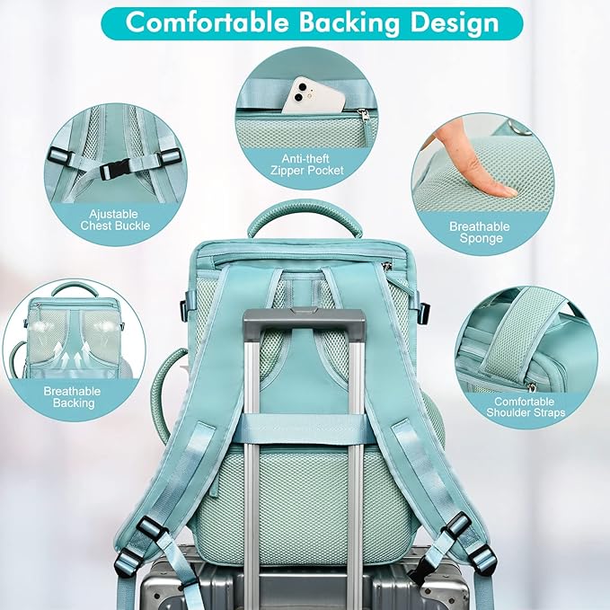 Travel Backpack for Men Women, TSA Friendly Carry-on Backpack Luggage Airline Approved, Personal Item Backpack Bag, Backpack for Traveling, Blue-Green