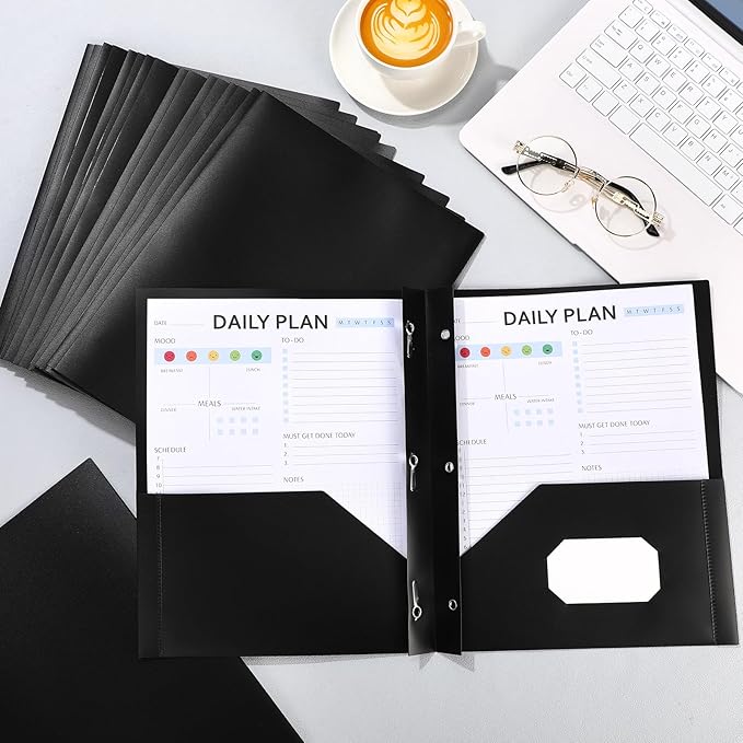 Cholemy 6 Pcs Plastic Pocket Folders with Prong 2 Heavy Duty Pockets Folders with 3 Prongs Letter Size Paper Folders Bulk File Plastic Folders with Fasteners for Office Workers (Black)
