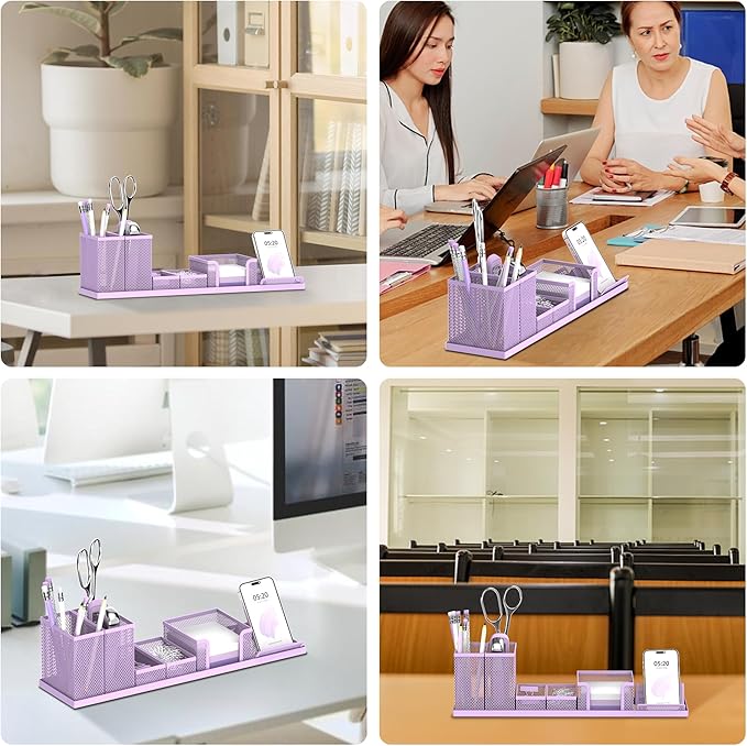 SUPEASY Pen Holder for Desk, 6 Piece Mesh Desk Organizer set, Desk Accessories for Office Organization with Mail Organizer, Letter Phone Holder, Sticky Notes Caddy Storage, Purple