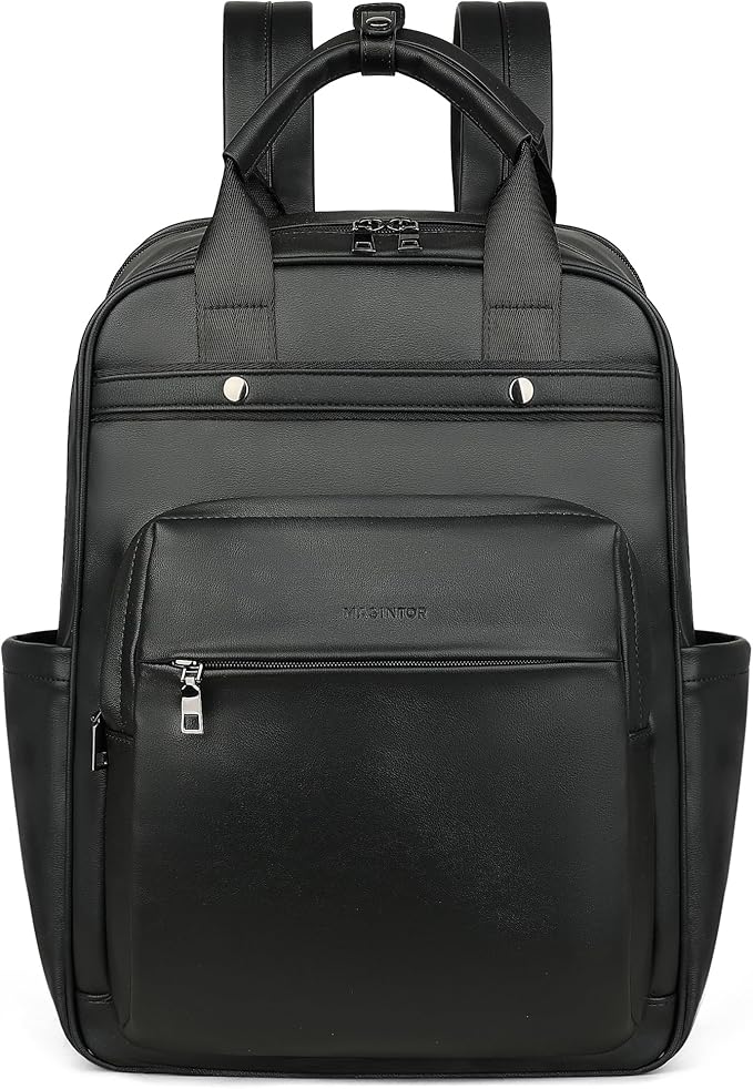 MASINTOR Leather Laptop Backpack for Women, Stylish Computer Backpack College Business Work Shoulder Bags Work and Travel Black