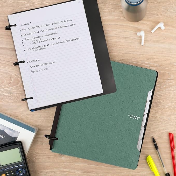 Five Star Flex Refillable Notebook + Study App, College Ruled Paper, 1-1/2 Inch TechLock Rings, Pockets, Tabs and Dividers, 300 Sheet Capacity, Seaglass Green (29324AQ8)