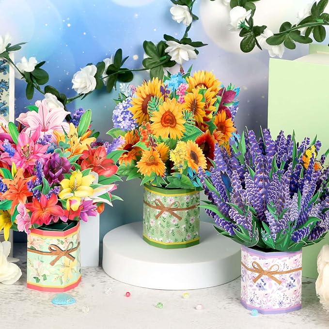 3 Pack Paper Flower Pop Up Cards, Flower Bouquet Card Popup 3D Greeting Cards for Mother's Day, Graduation, Anniversary, Birthday, Congratulations, Get Well, Home Decor, with Envelope