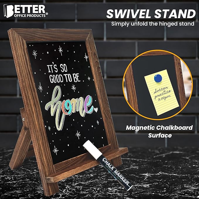 Better Office Products Framed Tabletop Chalkboard Sign, 9.5" x 14", Rustic Wood Frame, Small Magnetic Chalkboard, Built-in Ledge and Folding Stand, One White Chalk Marker Included,(Rustic Brown)