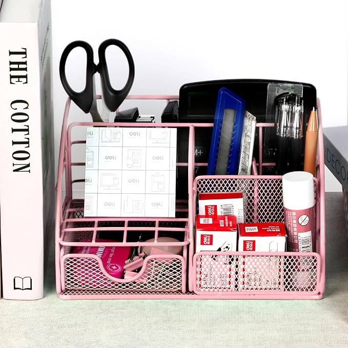 JUOPIEA Desk Organizers and Accessories Office Supplies Organizer with Pen Holder, 72 Clips Set and Phone Stand, Metal Mesh Desktop Organizers with Drawer for Home, Office, School Ect